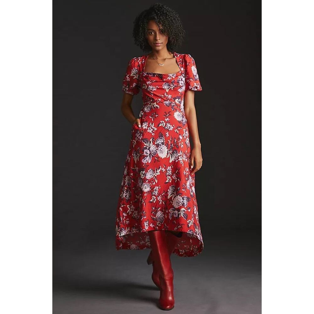 Maeve Anthropologie Red Floral Midi Puff Sleeve Dress 2 Cottagecore Boho